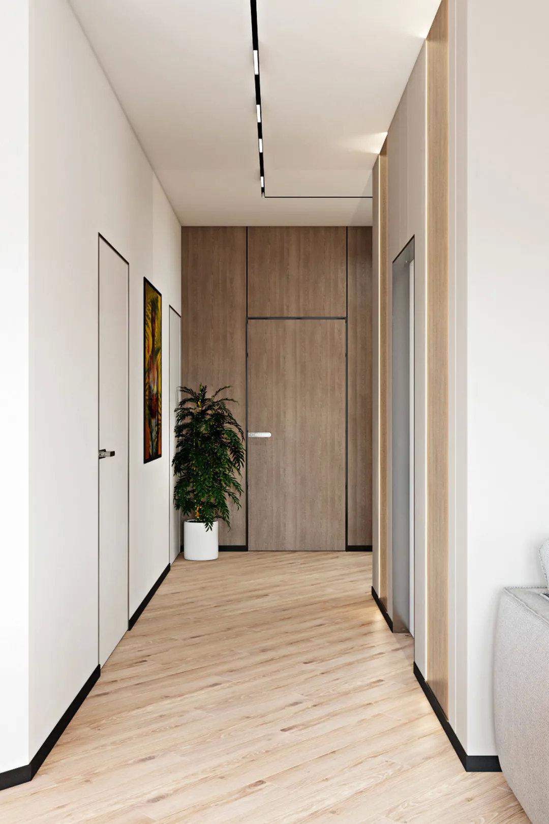 走廊以木地板的地面,加入隐形门的设计,结合挂画与大盆栽,也让空间